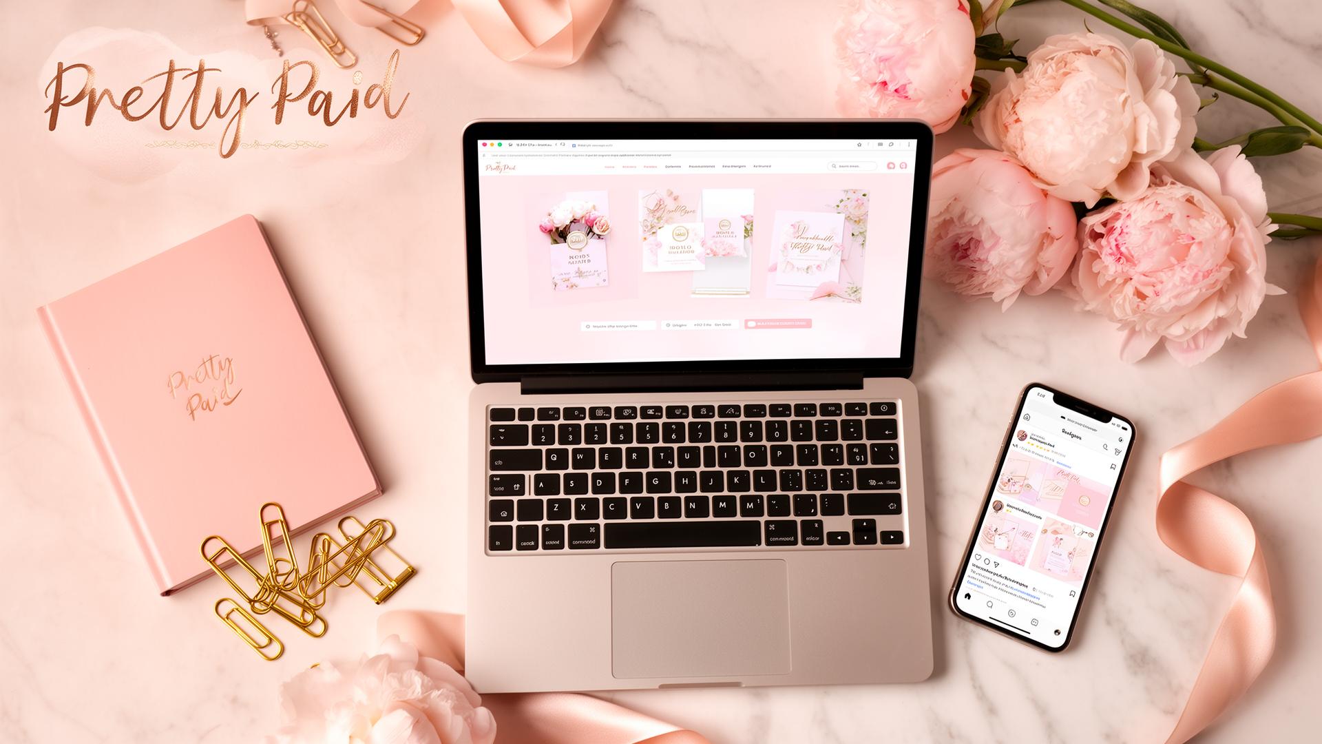 Pretty Paid digital business flat lay with laptop, pink notebook, and peonies